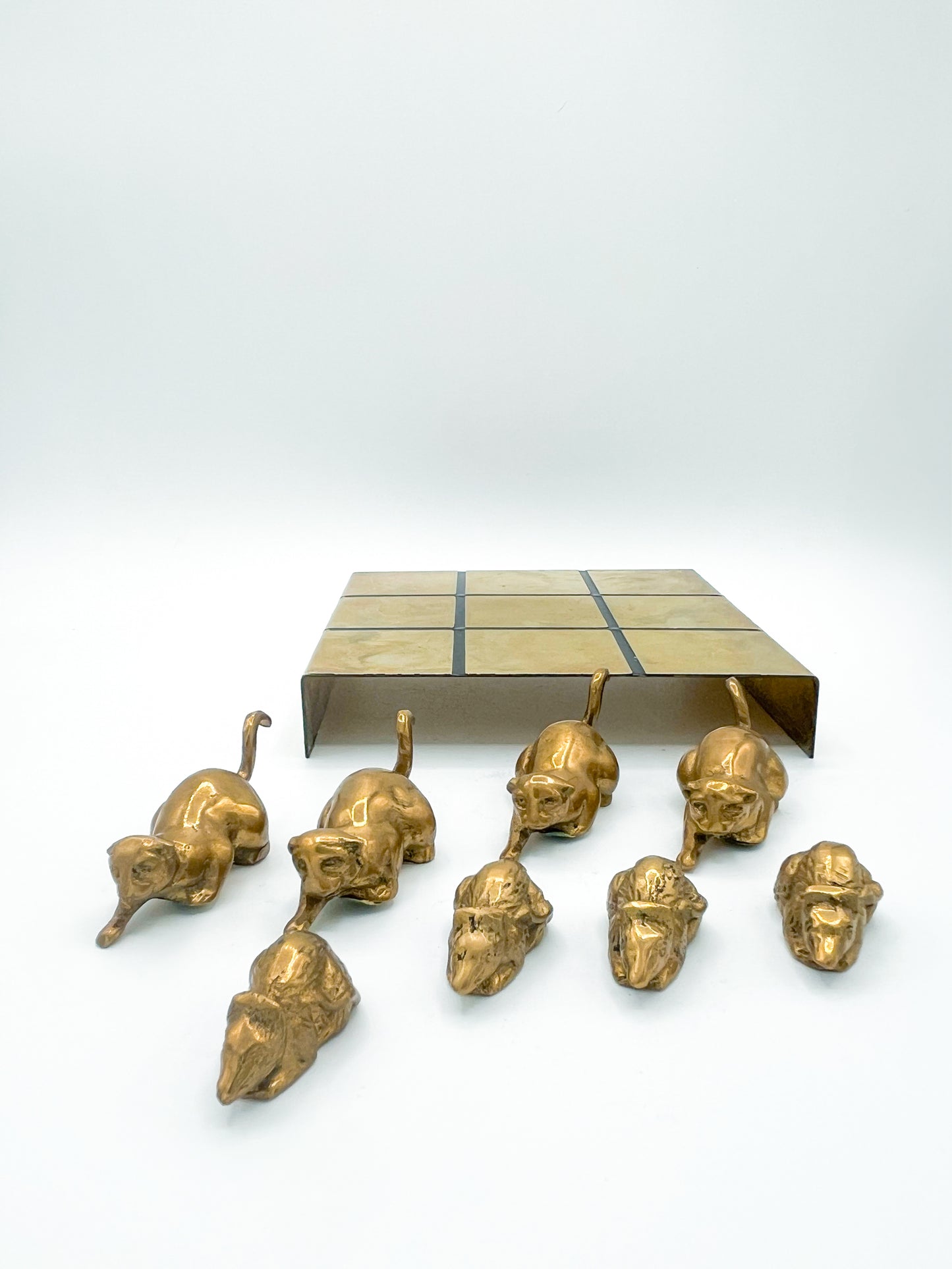 Brass Cat and Mouse Tic Tac Toe Game Sculpture - 9 Pieces 1970s