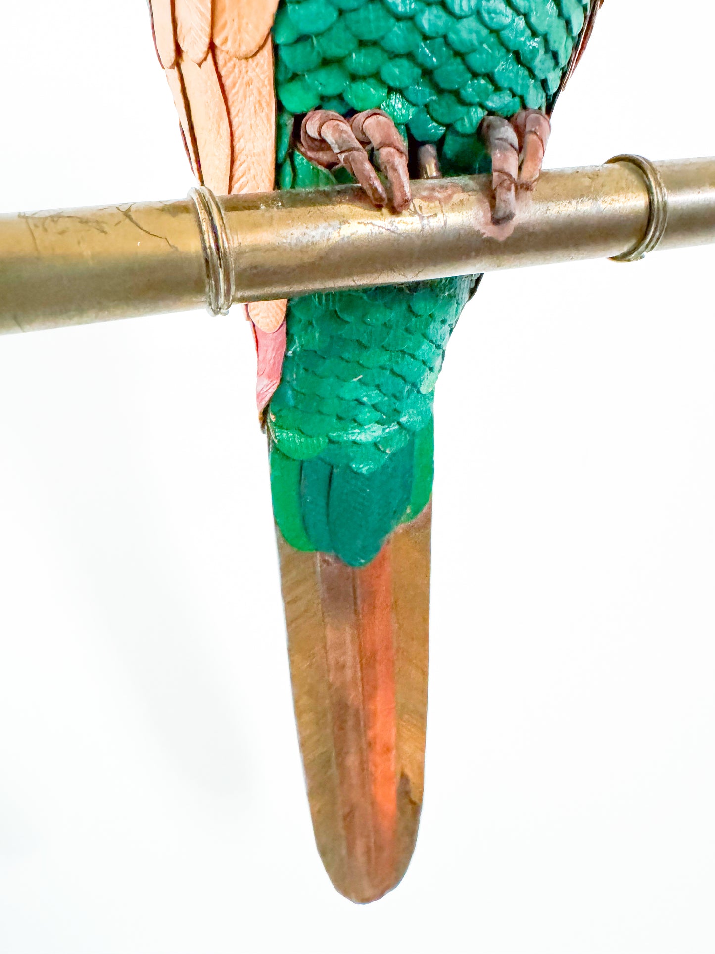 Leather Brass Parrot Sculpture - Hanging Bird Swing