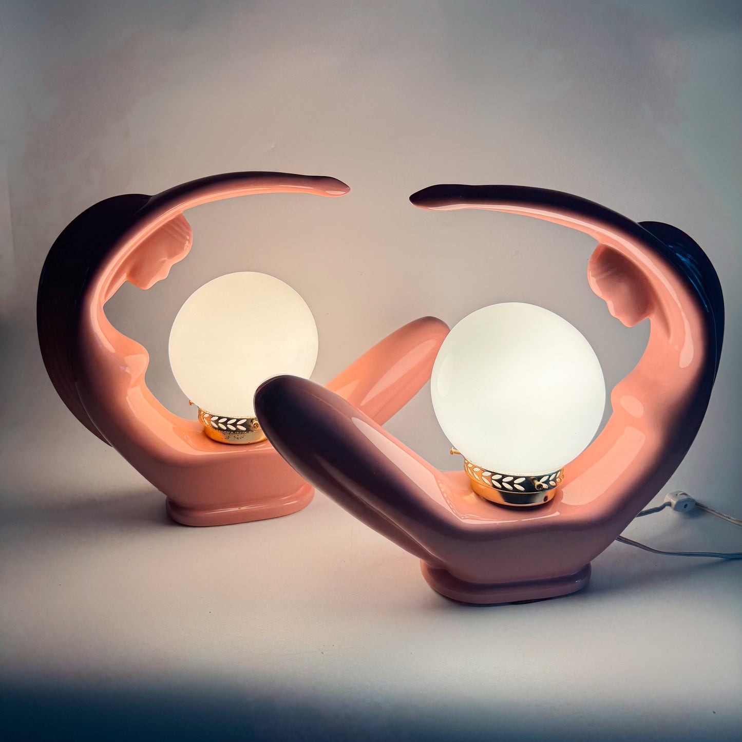Art Deco Lady Lamps – Pink Ceramic Pair – 1980s Sculptural Lighting