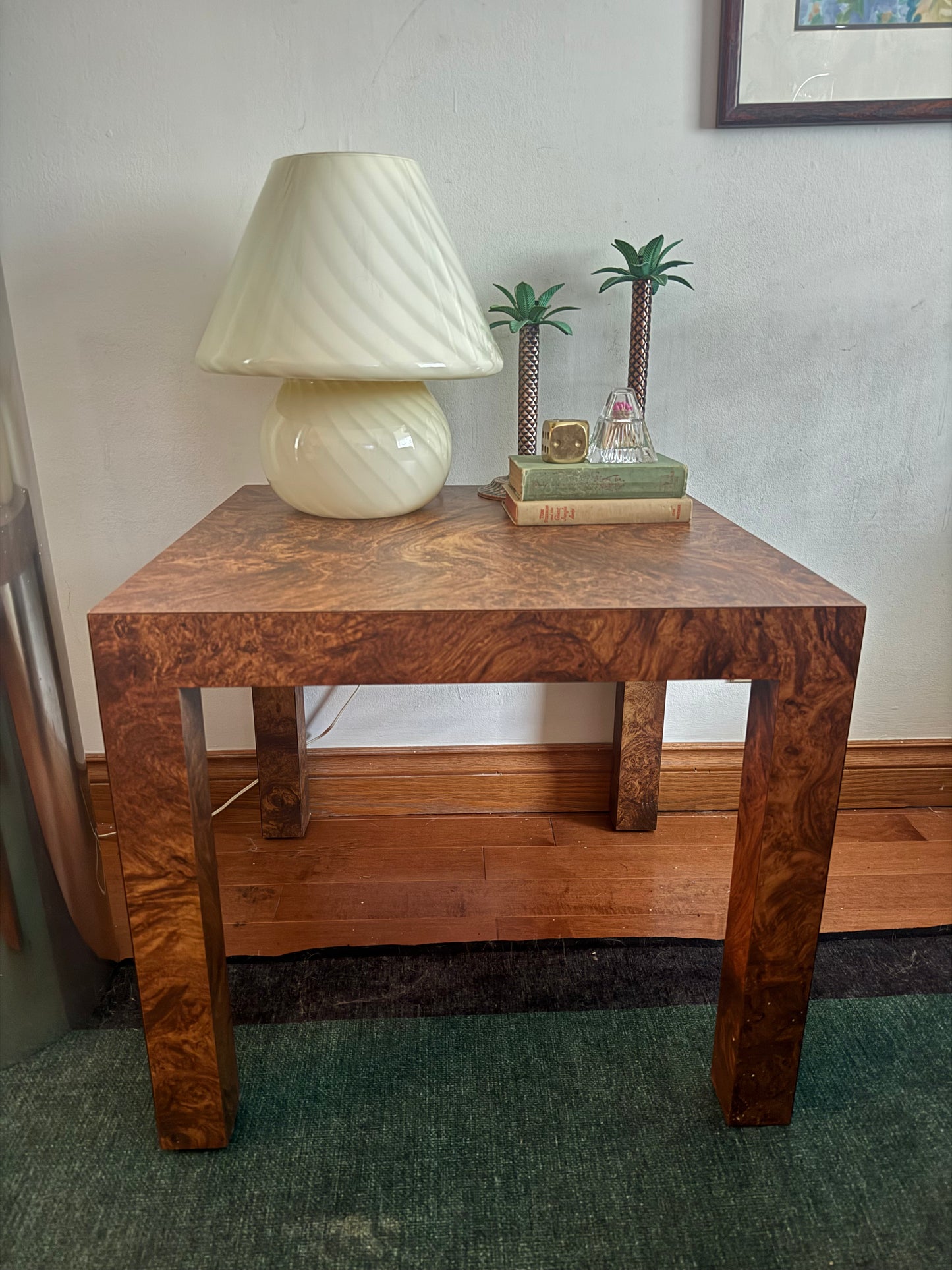 Vintage 1980s Laminated Burlwood Side Table Mid Century