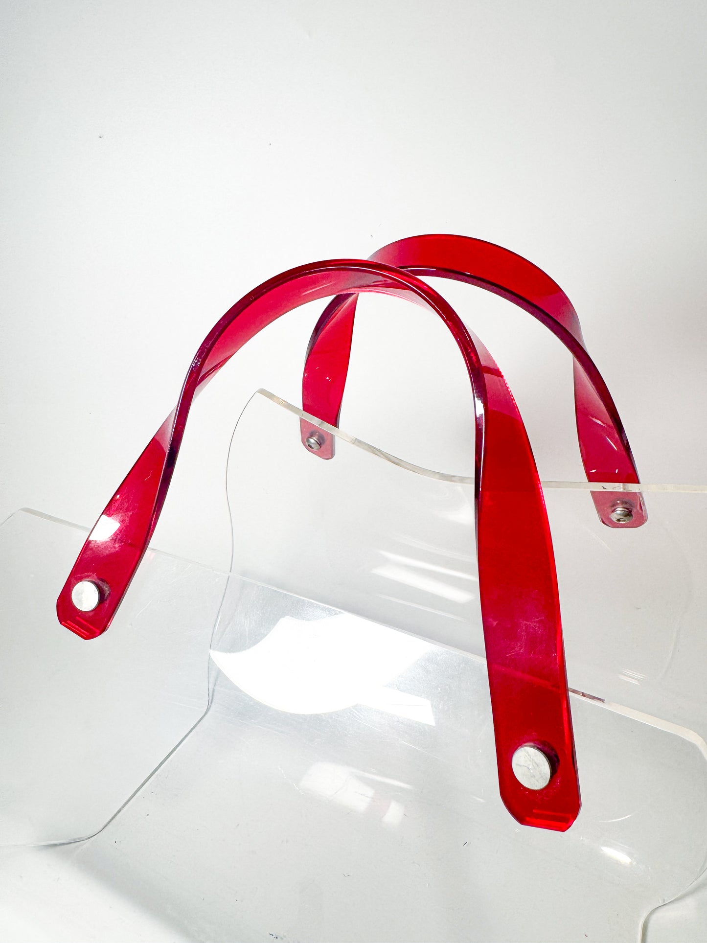 Vintage Lucite Magazine Holder with Red Handles Post Modern