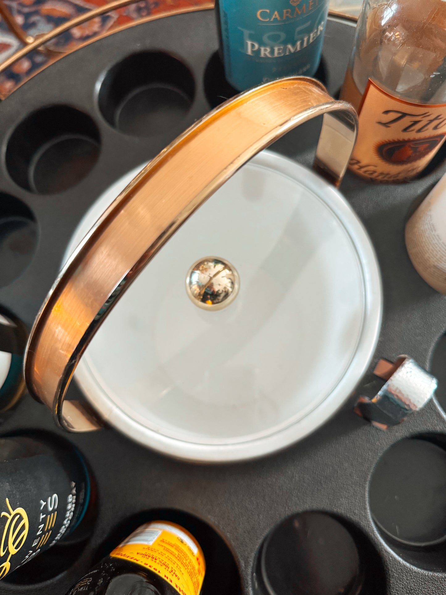 Vintage 1970's Brass Bar Cart Wheels with Smokey Glass & Ice Bucket
