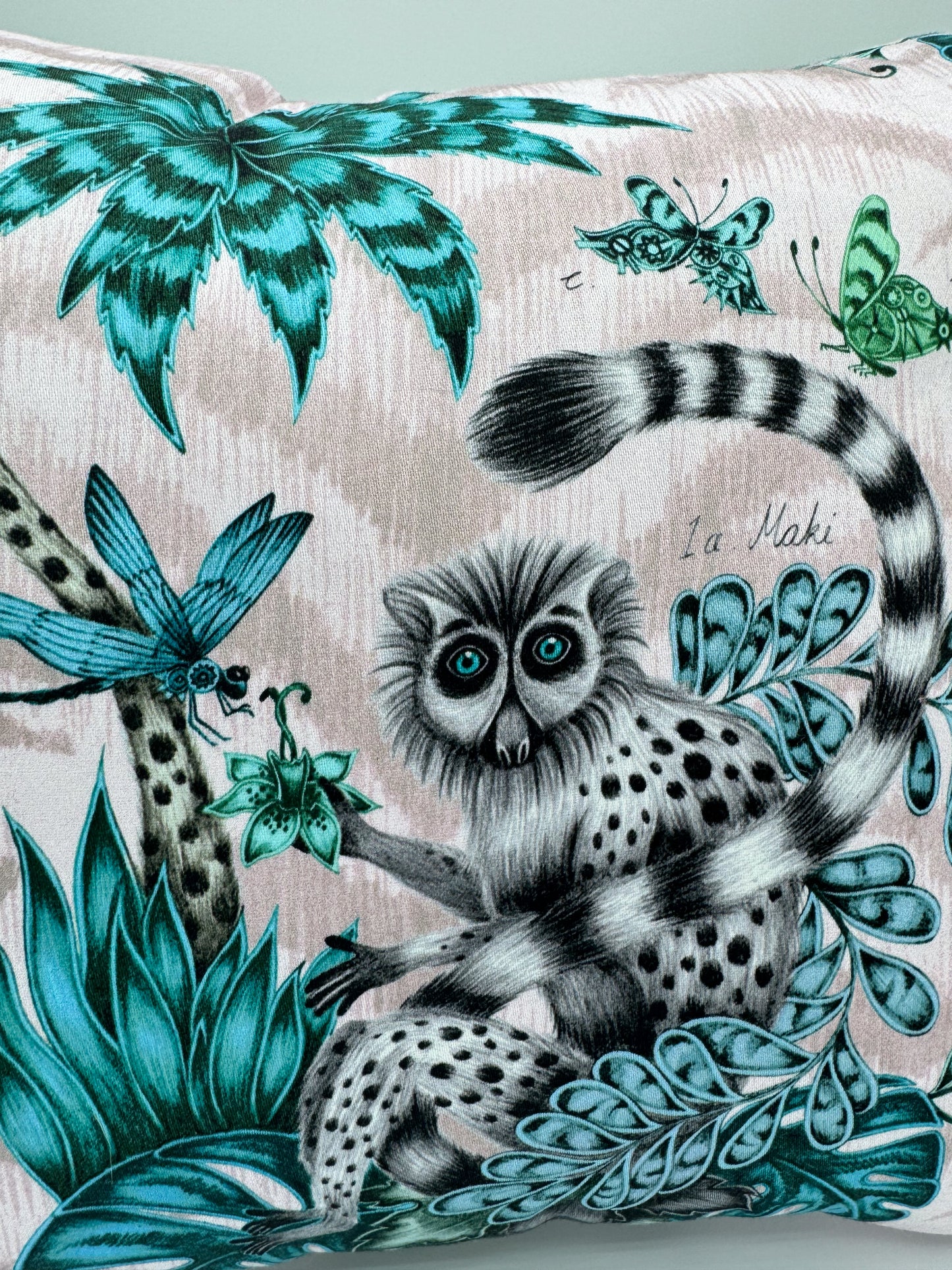 Lemur Jungle White & Green Velvet Pillow