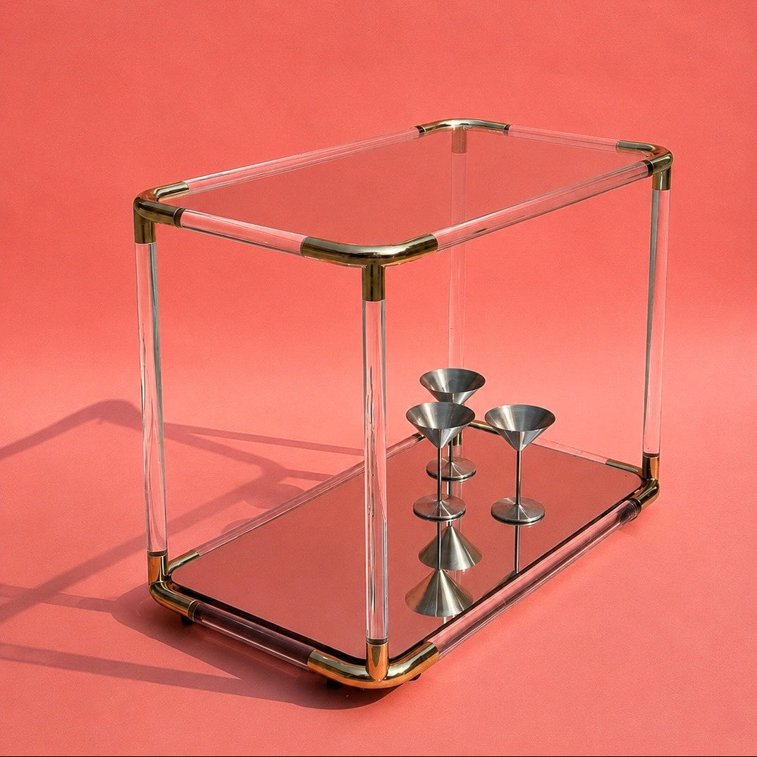 1970s Hollywood Regency Lucite & Brass Bar Cart with Glass and Mirrored Shelves