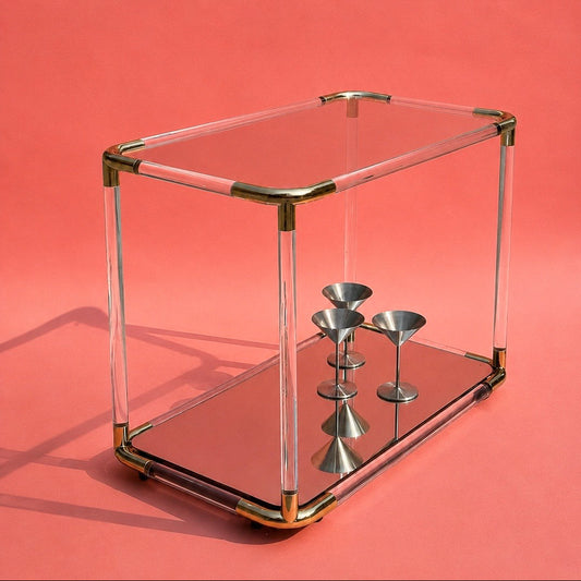 1970s Hollywood Regency Lucite & Brass Bar Cart with Glass and Mirrored Shelves