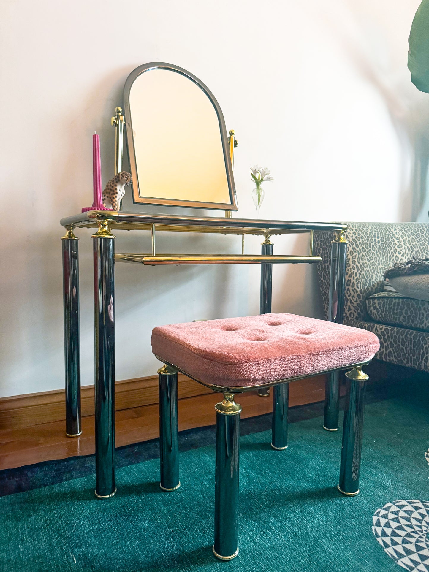 Vintage Chrome and Brass Vanity with Stool Set  – 1980s