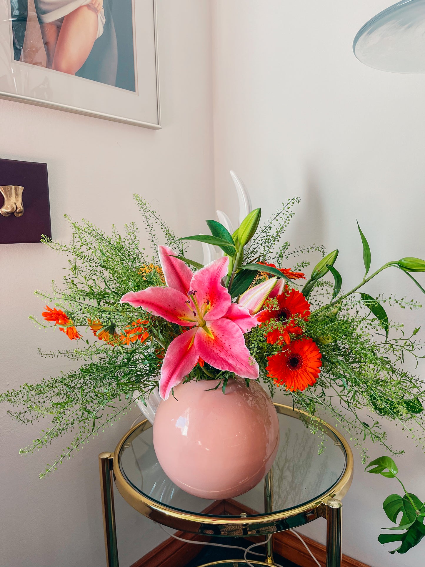 Large Vintage 1980s Bubblegum Pink Postmodern Celadon Sphere Vase by Haege