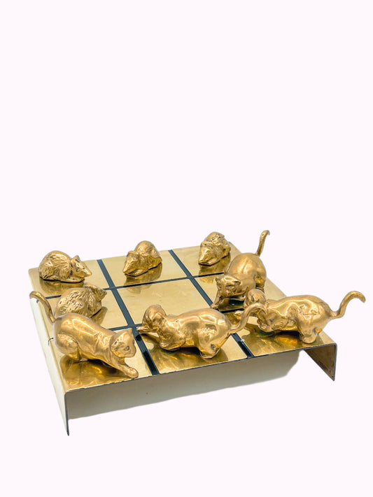 Brass Cat and Mouse Tic Tac Toe Game Sculpture - 9 Pieces 1970s