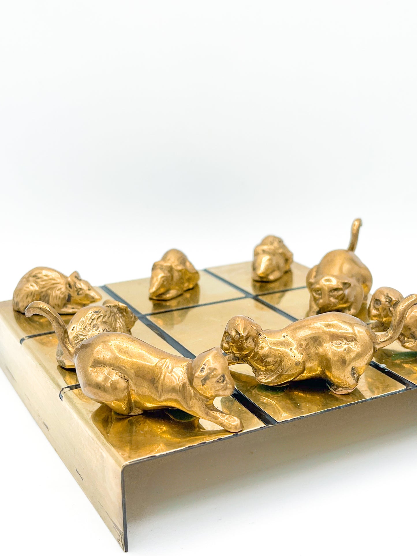 Brass Cat and Mouse Tic Tac Toe Game Sculpture - 9 Pieces 1970s