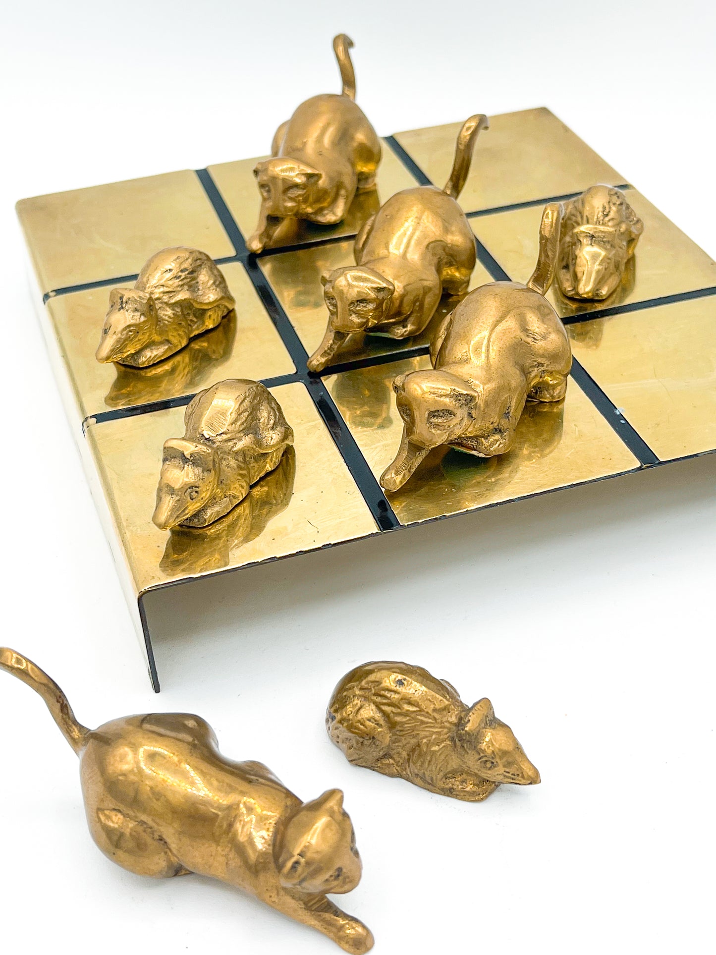 Brass Cat and Mouse Tic Tac Toe Game Sculpture - 9 Pieces 1970s