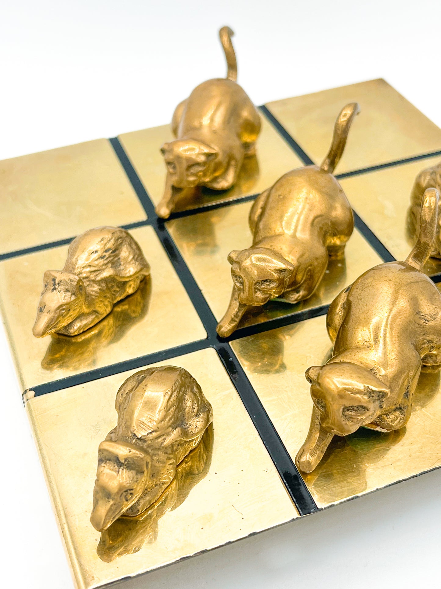 Brass Cat and Mouse Tic Tac Toe Game Sculpture - 9 Pieces 1970s