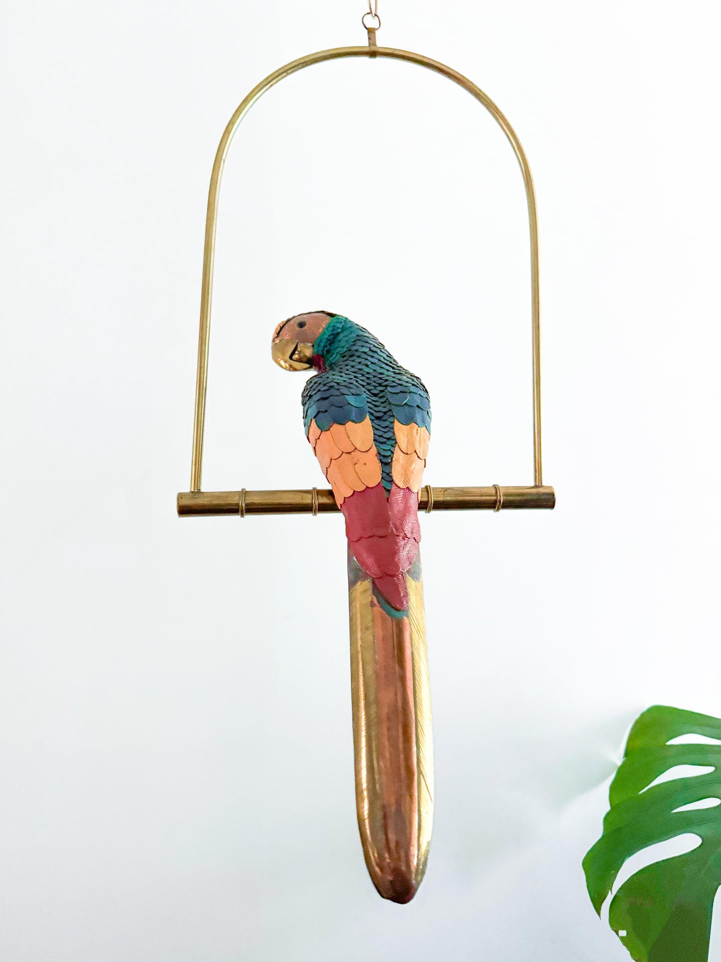 Leather Brass Parrot Sculpture - Hanging Bird Swing