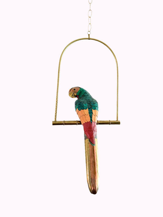 Leather Brass Parrot Sculpture - Hanging Bird Swing