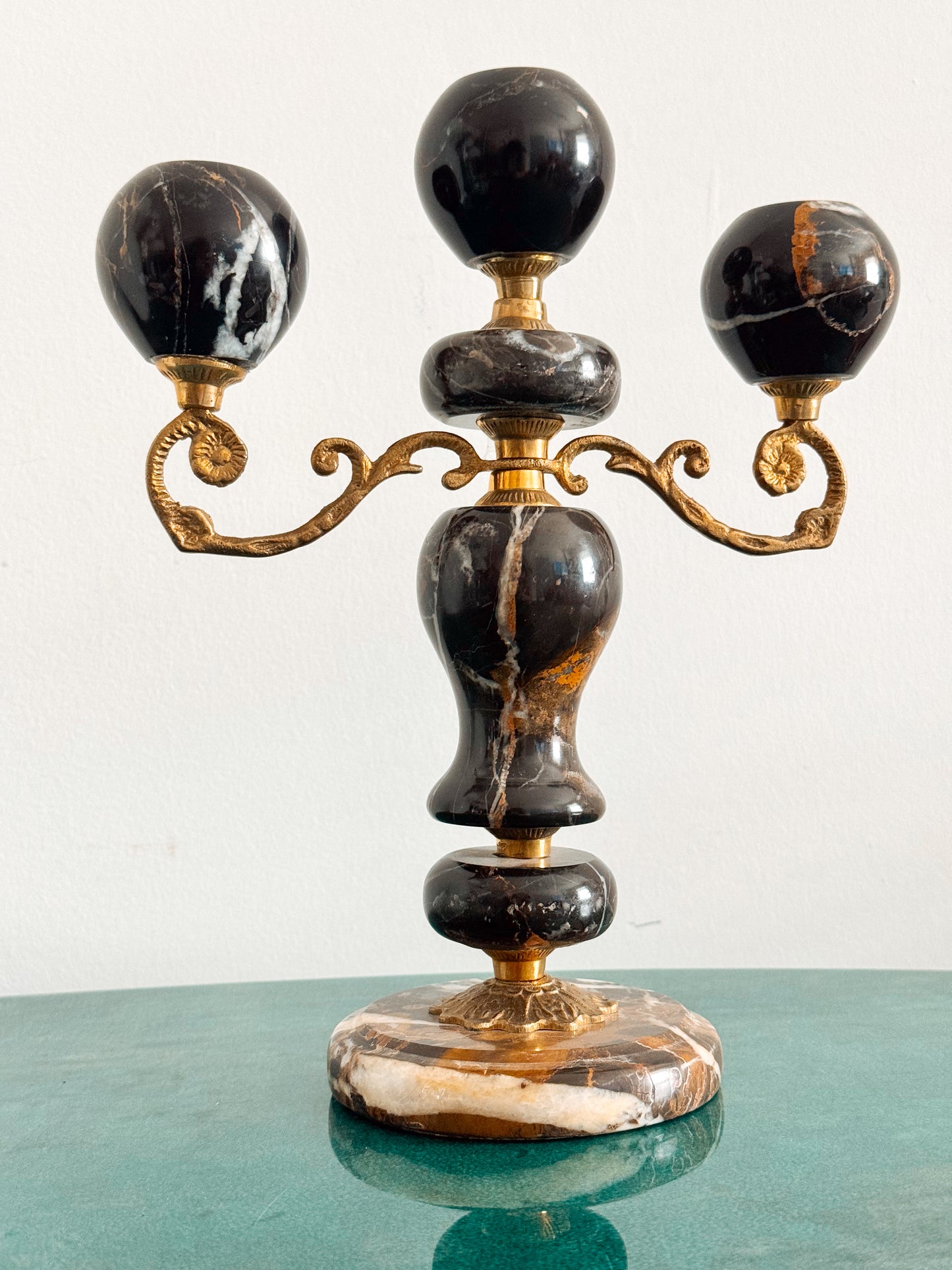 Pair of Black Marble and Brass Candelabra, Brecciated Stone Mid Century