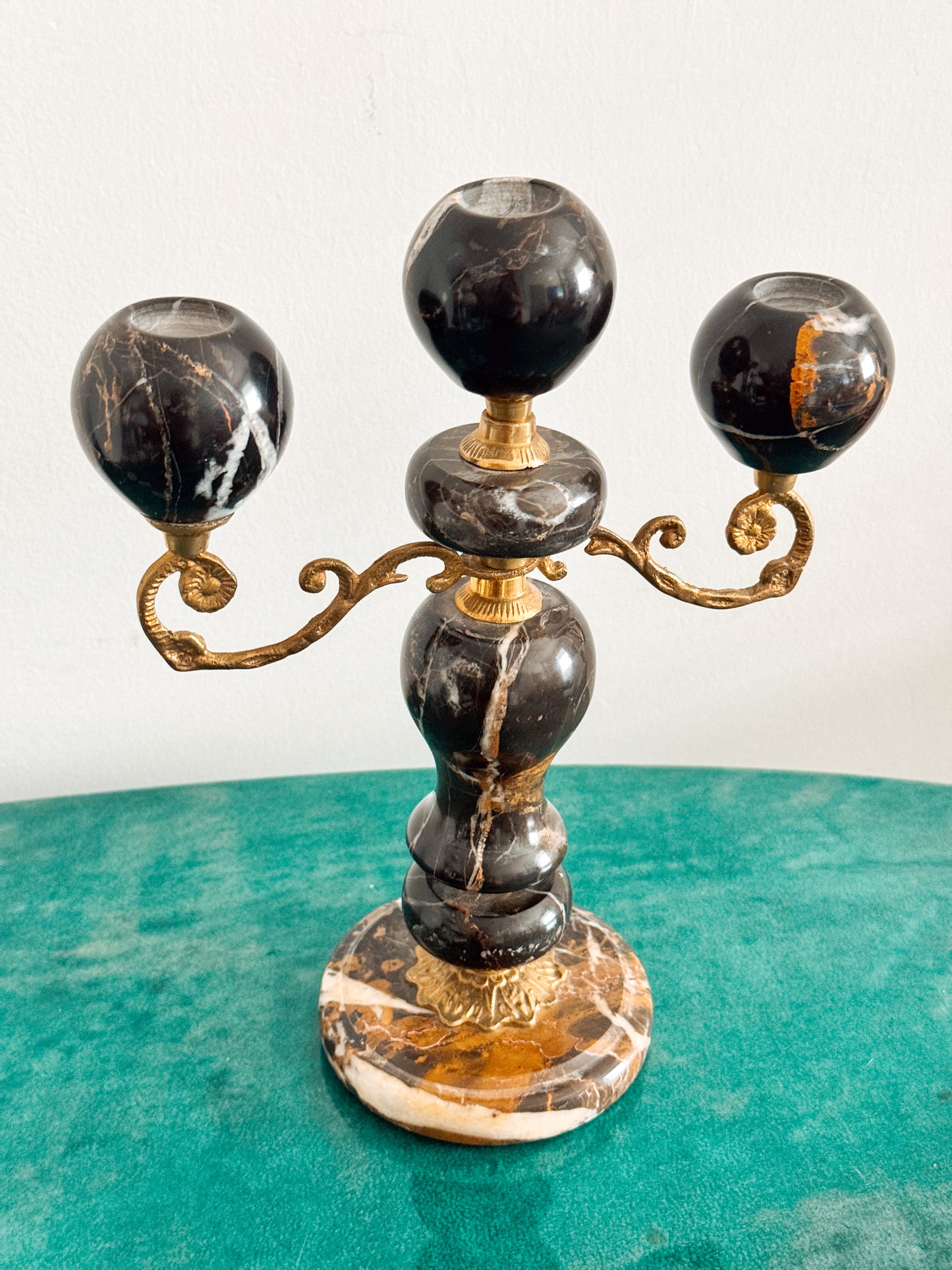 Pair of Black Marble and Brass Candelabra, Brecciated Stone Mid Century