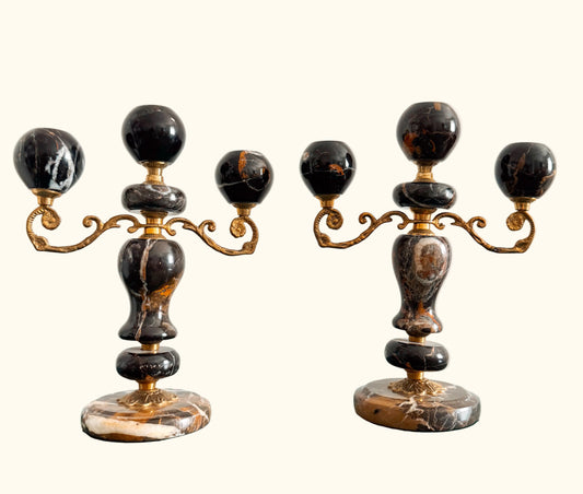 Pair of Black Marble and Brass Candelabra, Brecciated Stone Mid Century