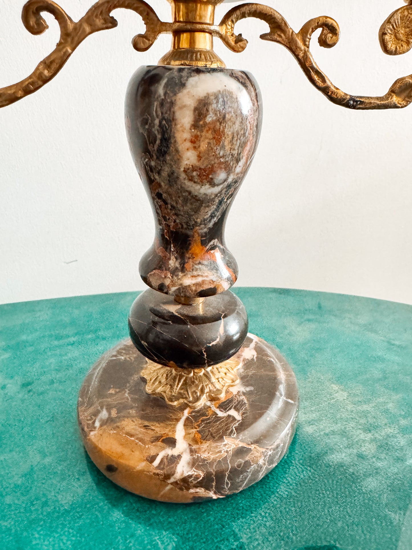 Pair of Black Marble and Brass Candelabra, Brecciated Stone Mid Century