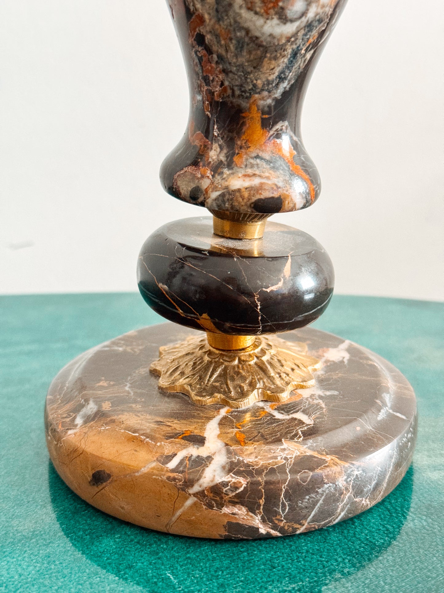 Pair of Black Marble and Brass Candelabra, Brecciated Stone Mid Century
