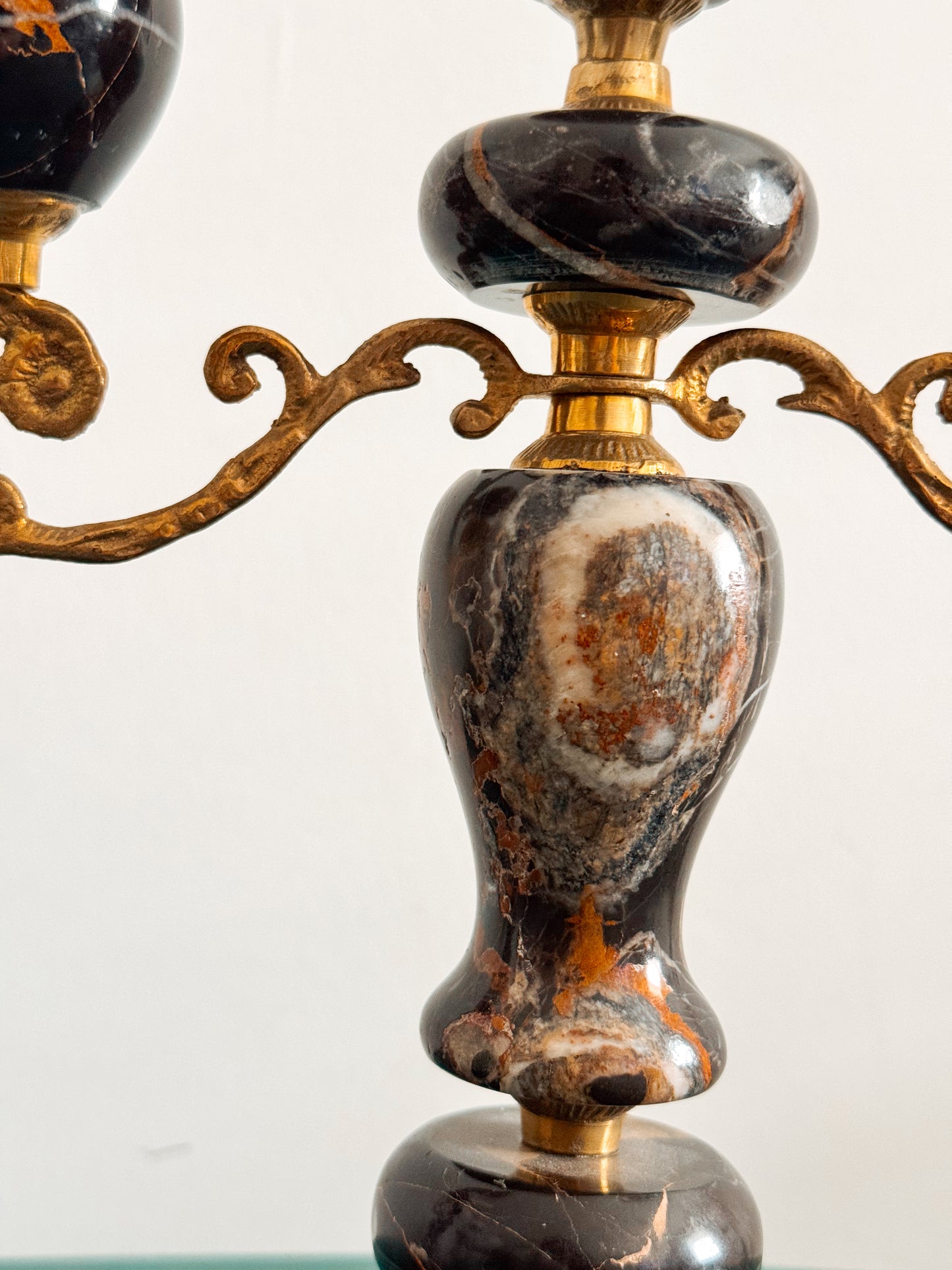 Pair of Black Marble and Brass Candelabra, Brecciated Stone Mid Century