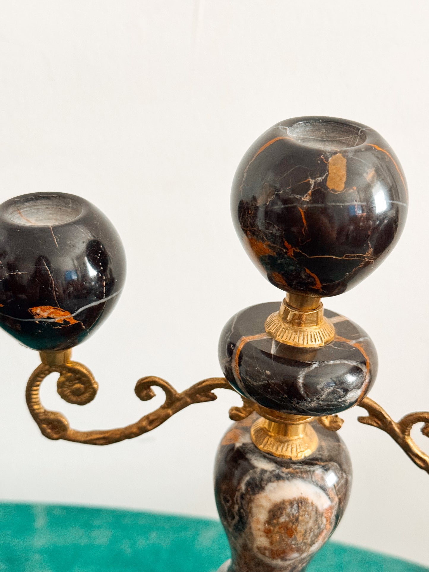 Pair of Black Marble and Brass Candelabra, Brecciated Stone Mid Century