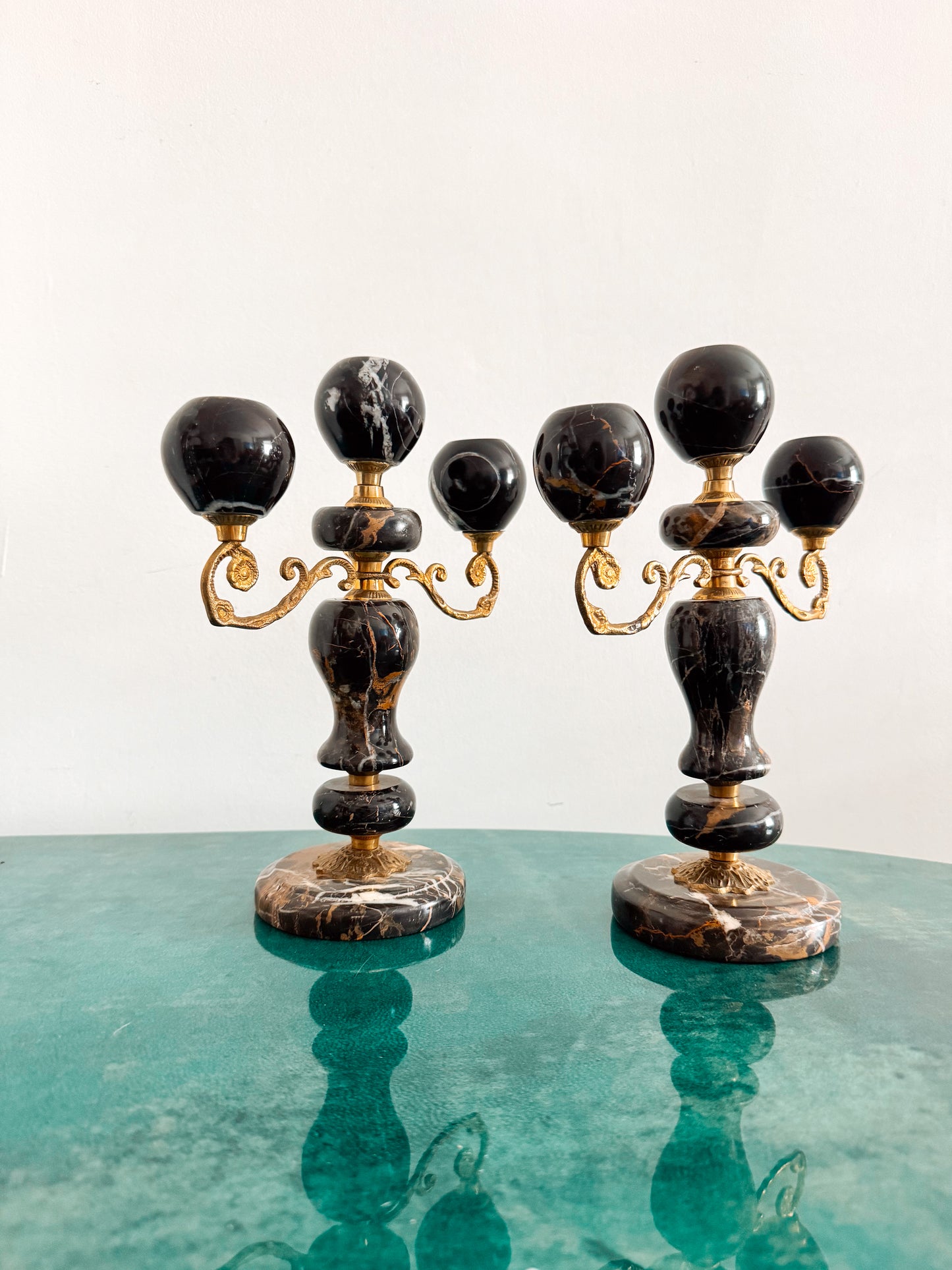 Pair of Black Marble and Brass Candelabra, Brecciated Stone Mid Century