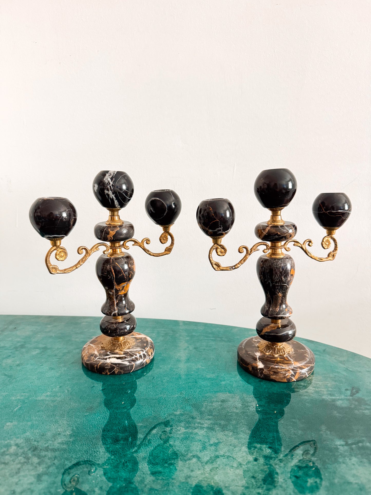 Pair of Black Marble and Brass Candelabra, Brecciated Stone Mid Century