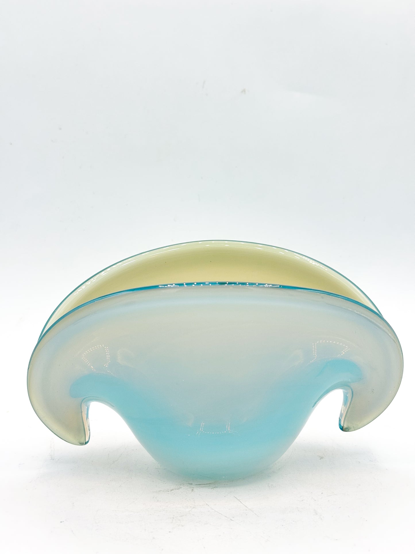 Murano Opalescent Blue Amber Shell Clam Glass Bowl Mid Century