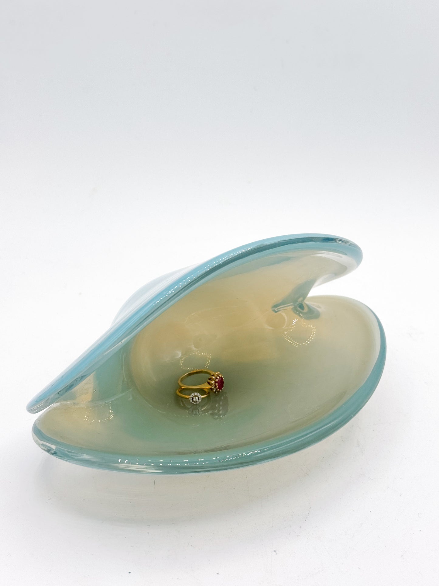 Murano Opalescent Blue Amber Shell Clam Glass Bowl Mid Century