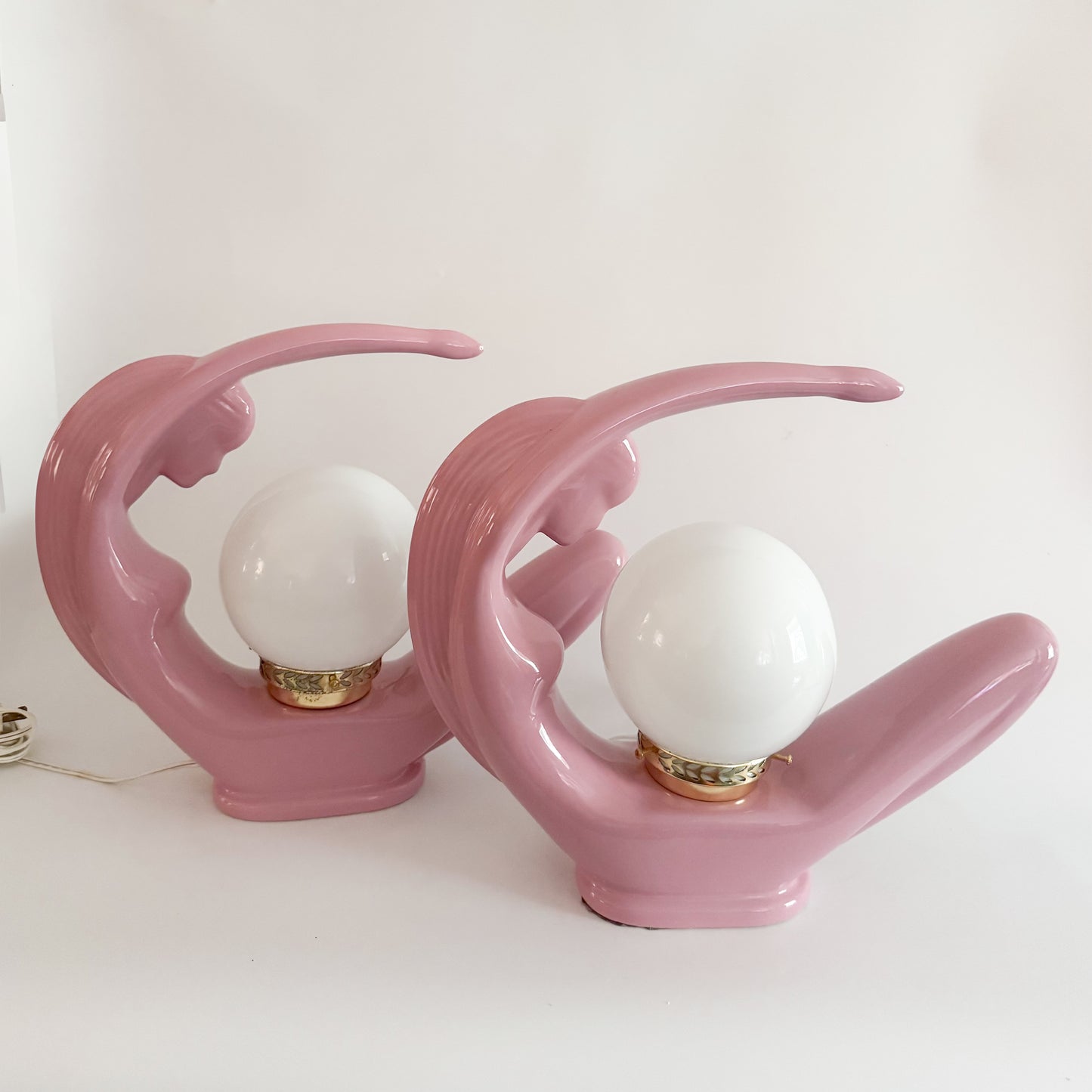 Art Deco Lady Lamps – Pink Ceramic Pair – 1980s Sculptural Lighting