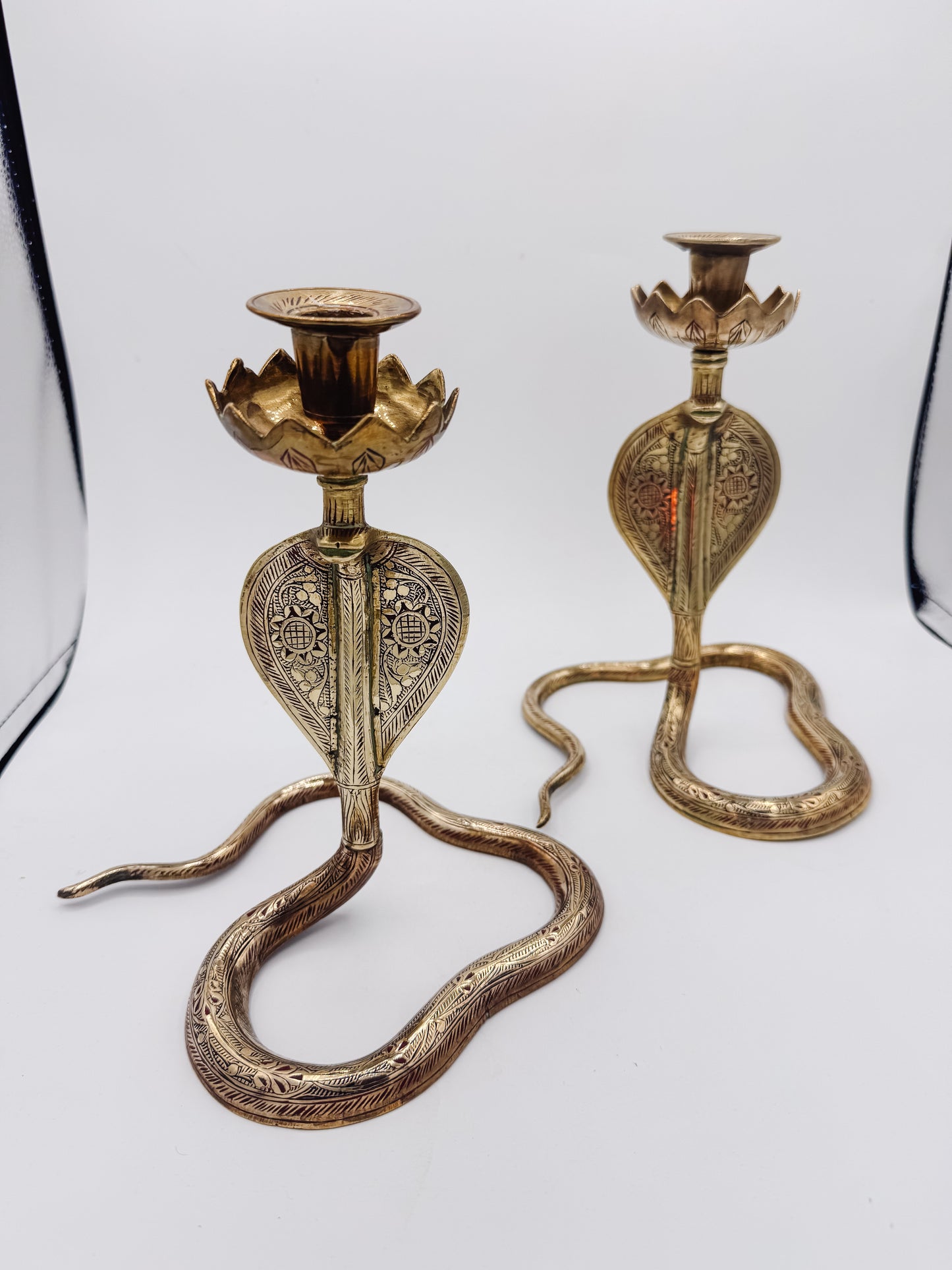 Pair of Vintage Brass Cobra Snake Candle Holders – Hand-Etched Revival Style