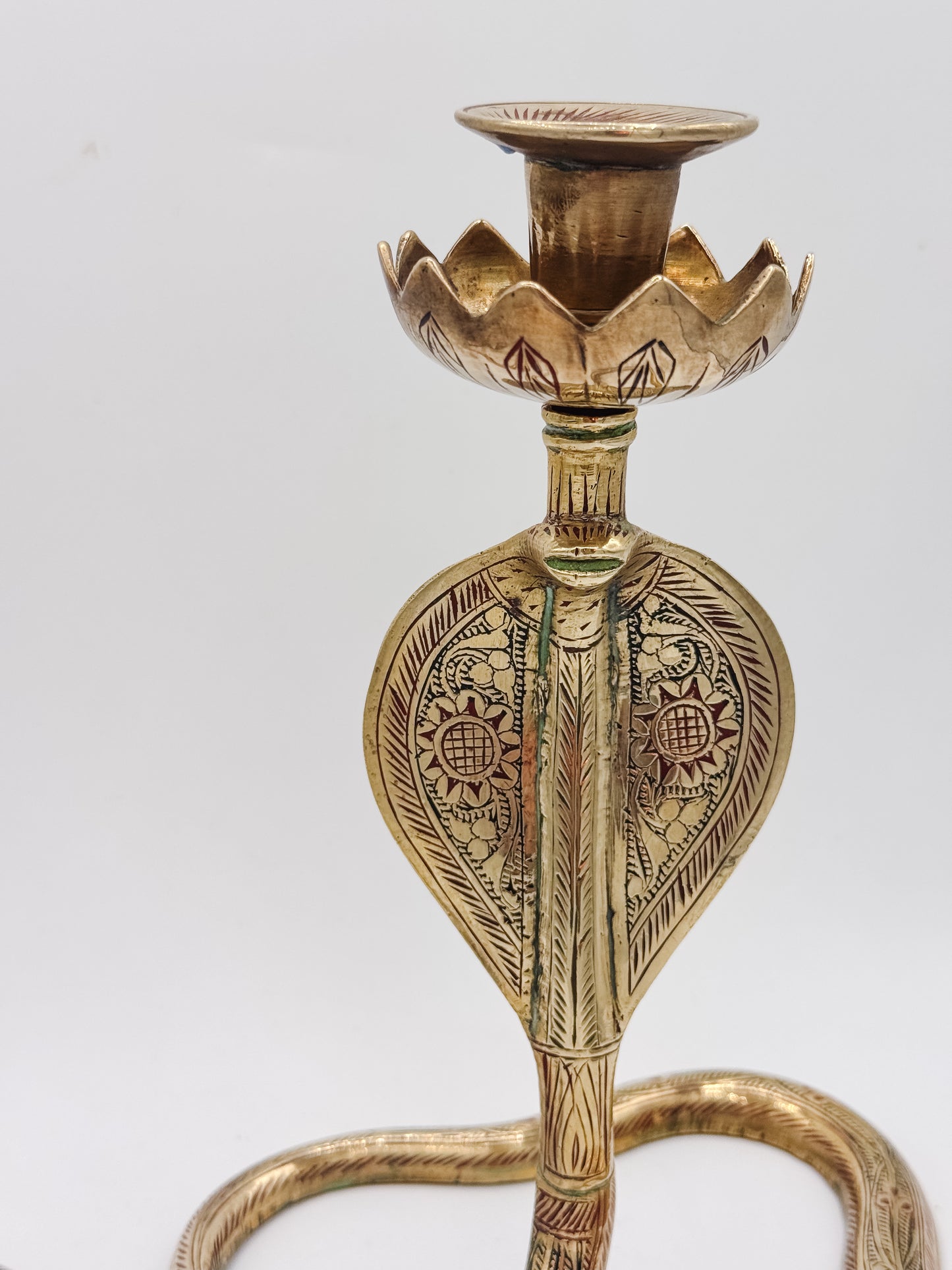 Pair of Vintage Brass Cobra Snake Candle Holders – Hand-Etched Revival Style