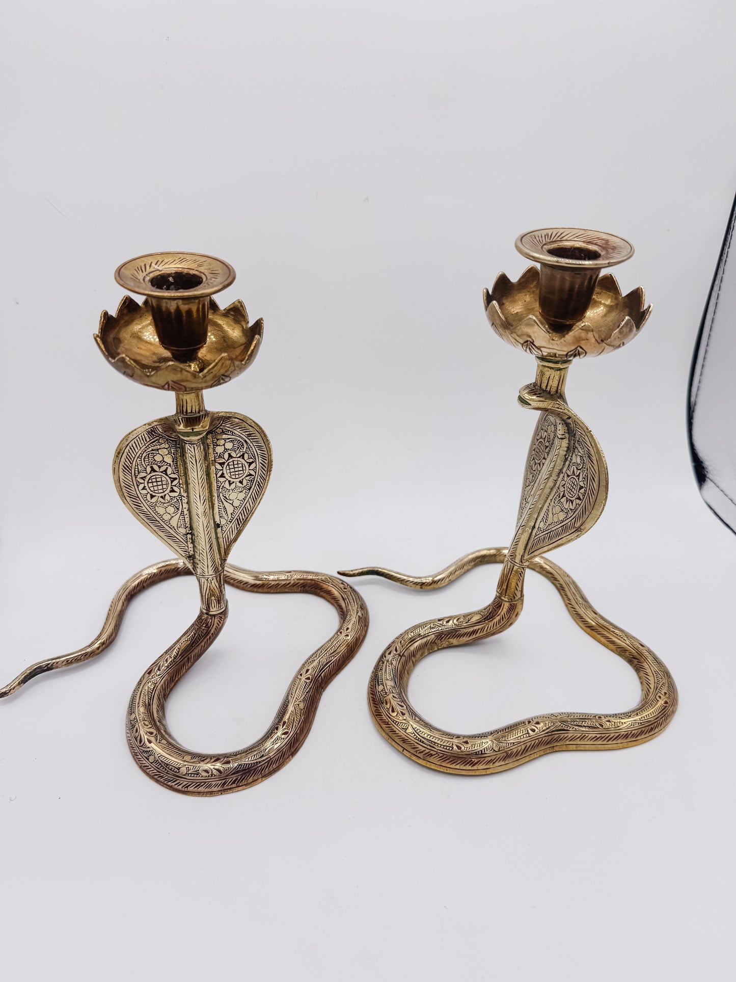 Pair of Vintage Brass Cobra Snake Candle Holders – Hand-Etched Revival Style
