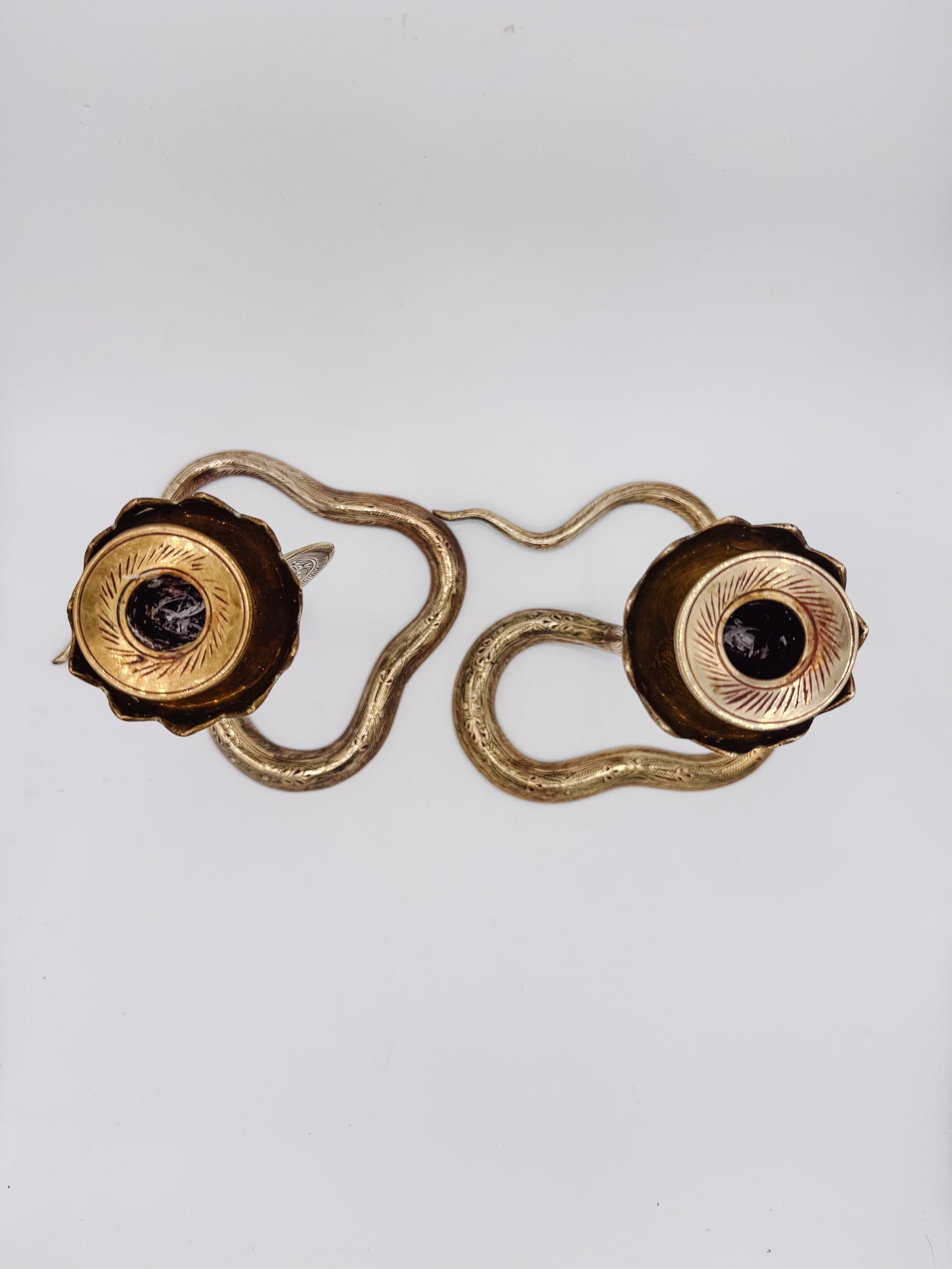 Pair of Vintage Brass Cobra Snake Candle Holders – Hand-Etched Revival Style