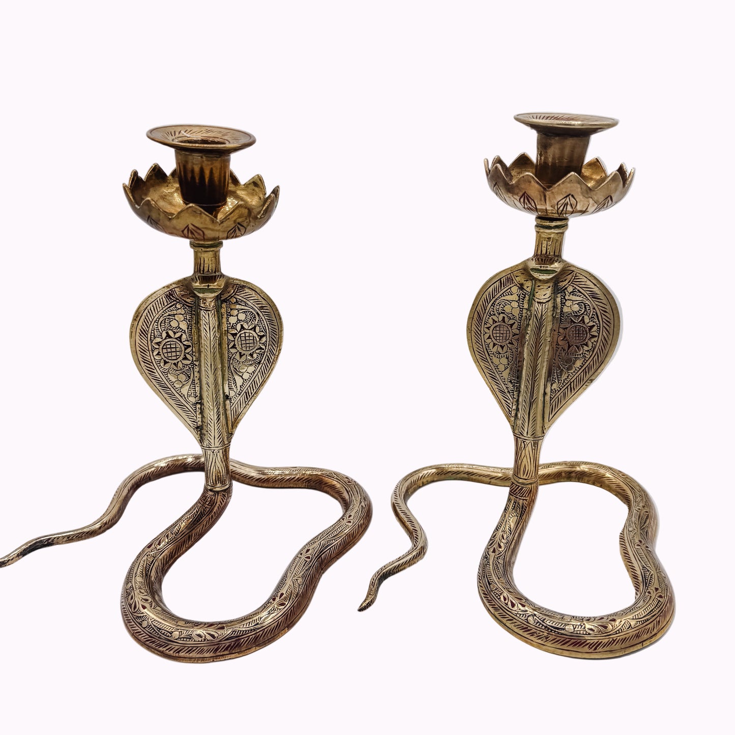 Pair of Vintage Brass Cobra Snake Candle Holders – Hand-Etched Revival Style