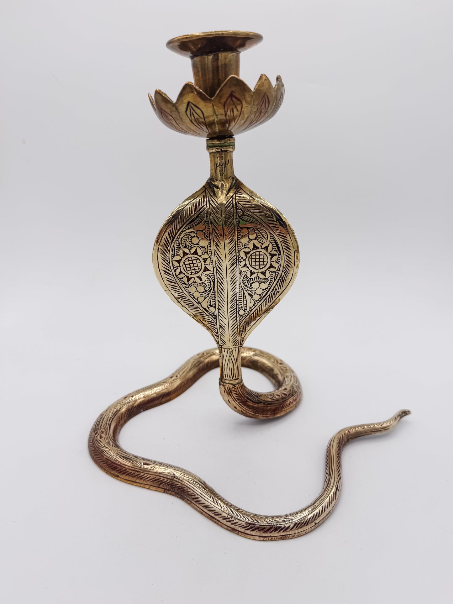 Pair of Vintage Brass Cobra Snake Candle Holders – Hand-Etched Revival Style
