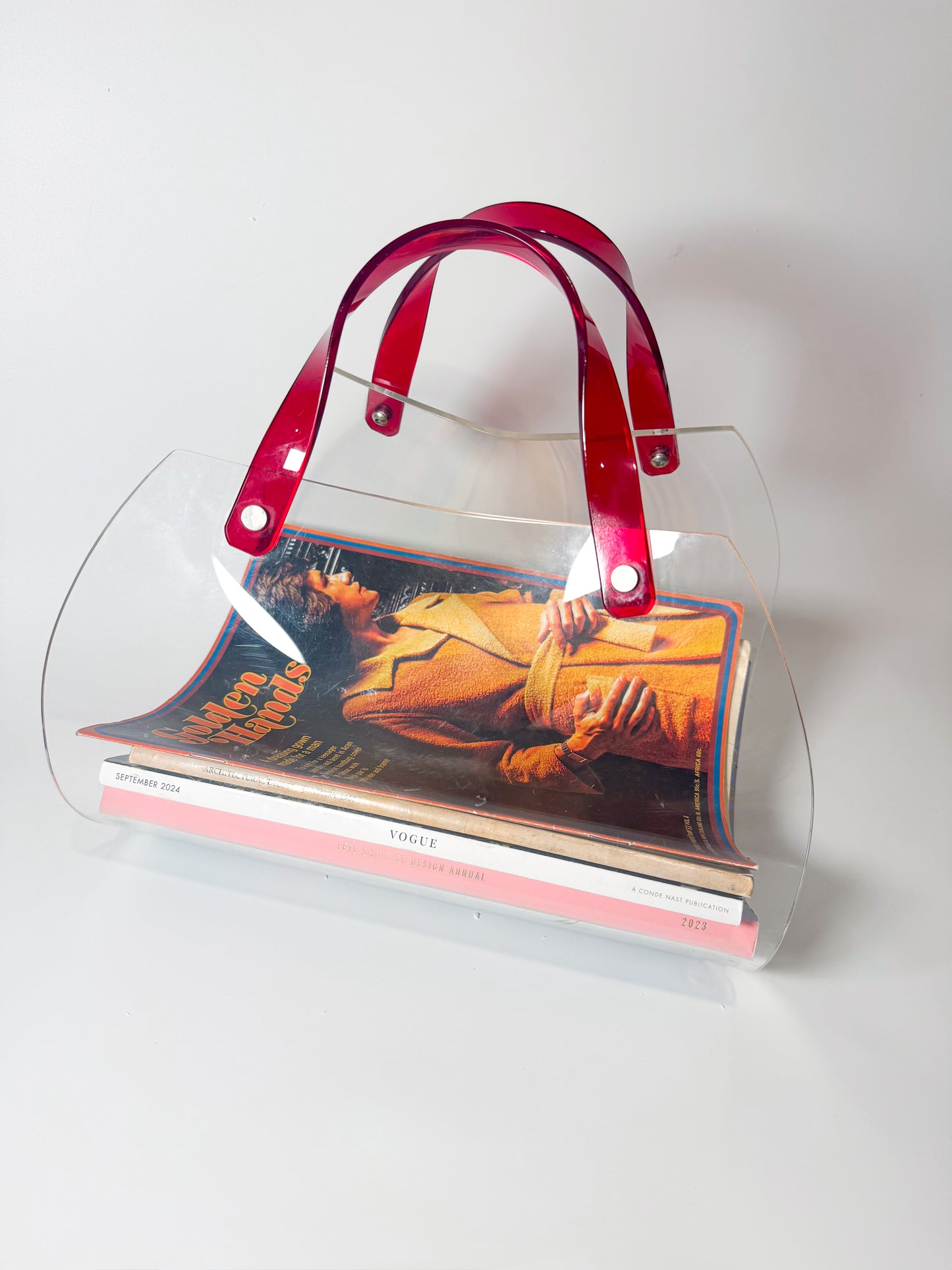 Vintage Lucite Magazine Holder with Red Handles Post Modern