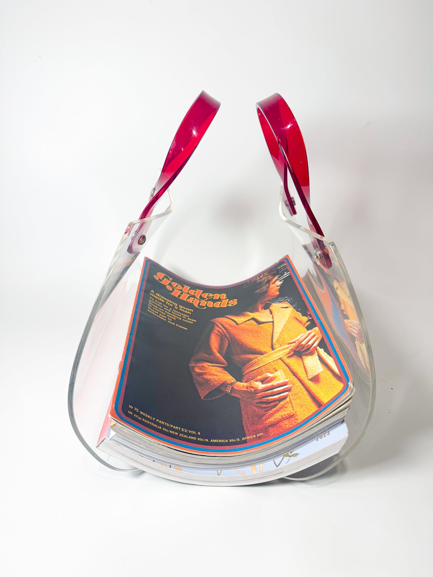 Vintage Lucite Magazine Holder with Red Handles Post Modern