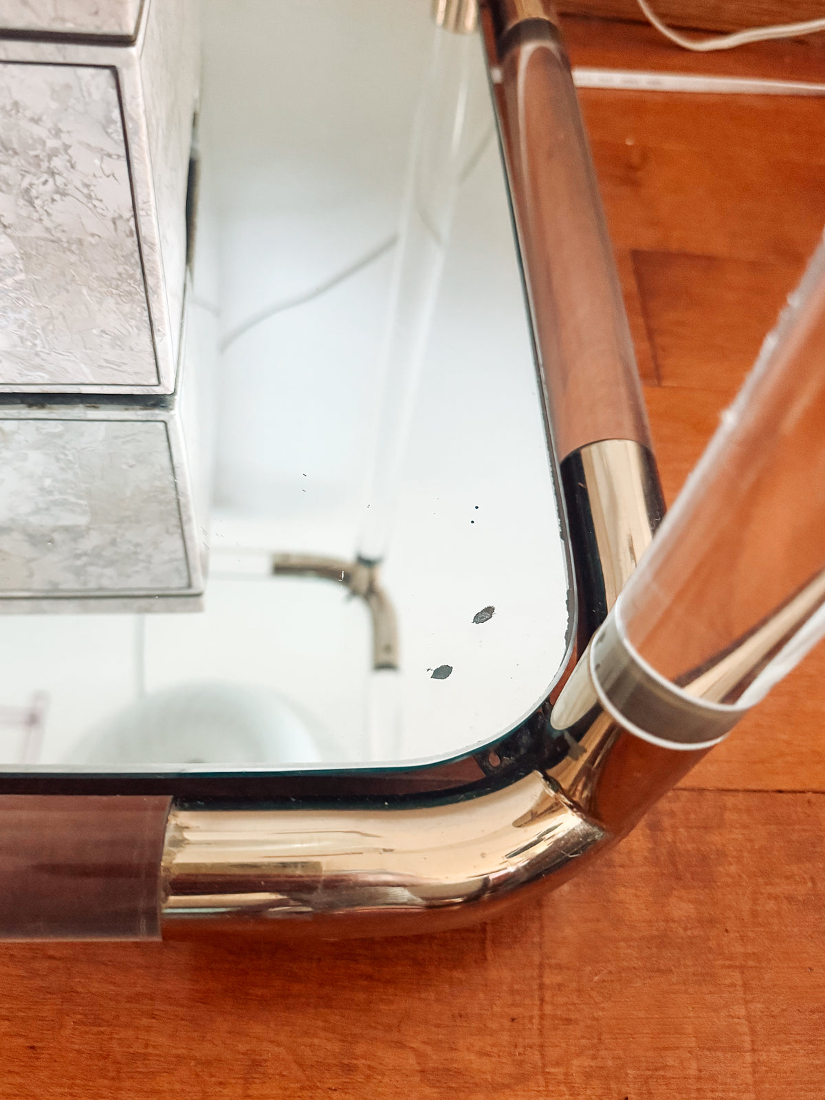1970s Hollywood Regency Lucite & Brass Bar Cart with Glass and Mirrored Shelves