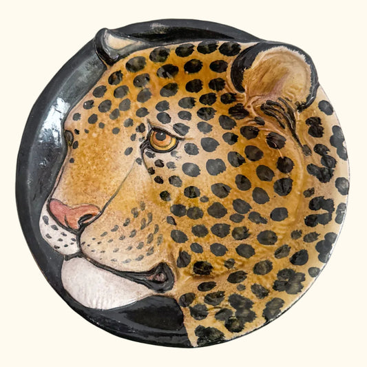 Hollywood Regency Italian Terracotta Majolica Glazed Leopard Cheetah Catchall