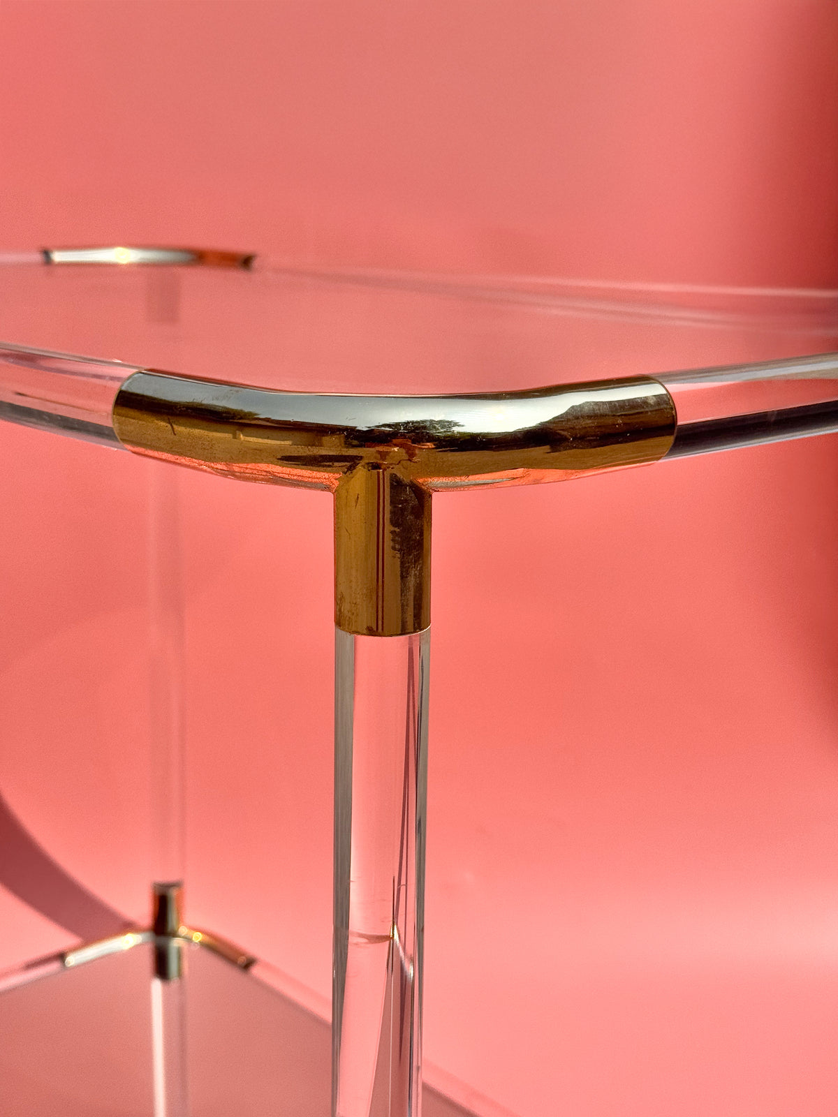 1970s Hollywood Regency Lucite & Brass Bar Cart with Glass and Mirrored Shelves