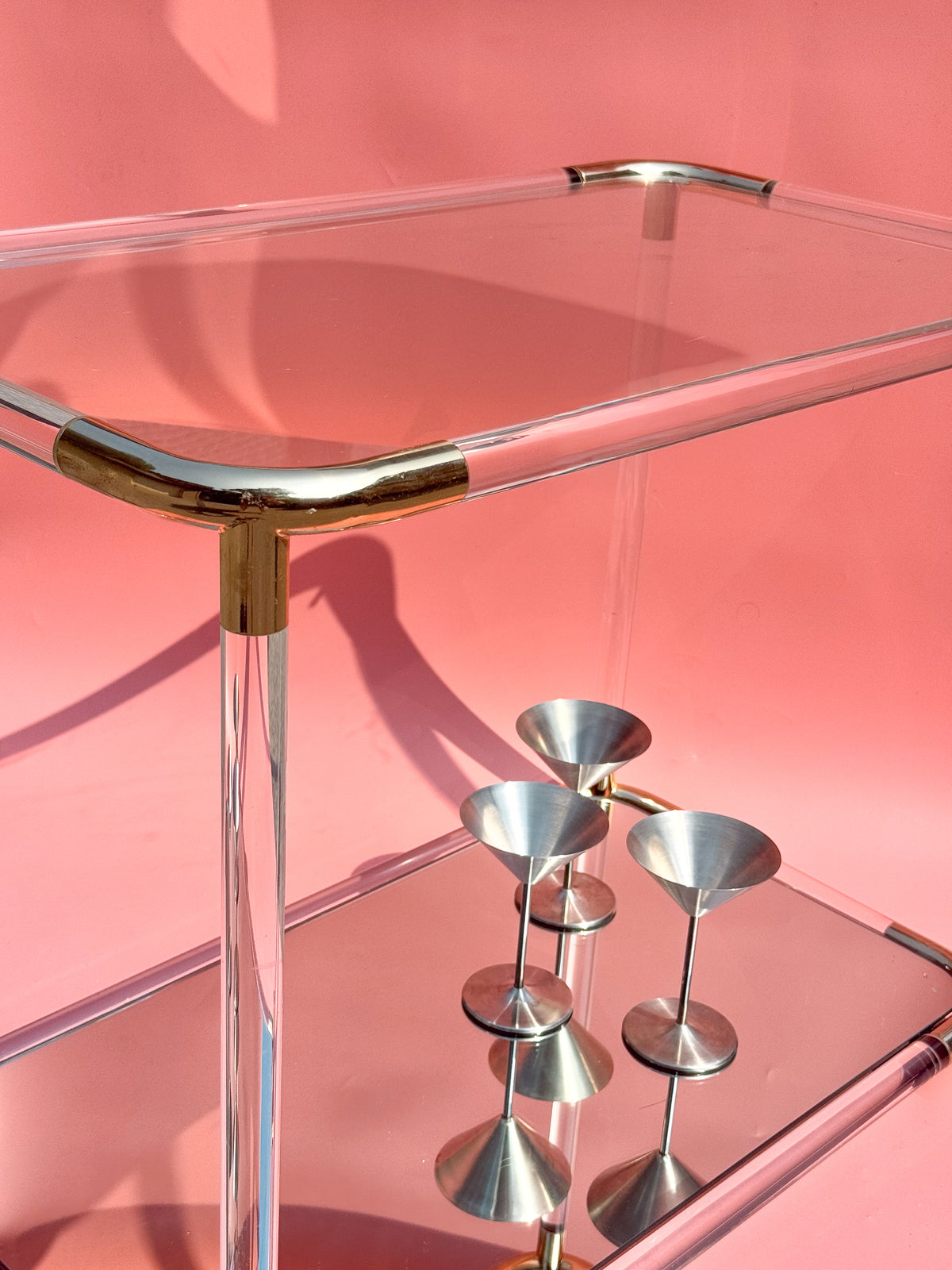 1970s Hollywood Regency Lucite & Brass Bar Cart with Glass and Mirrored Shelves
