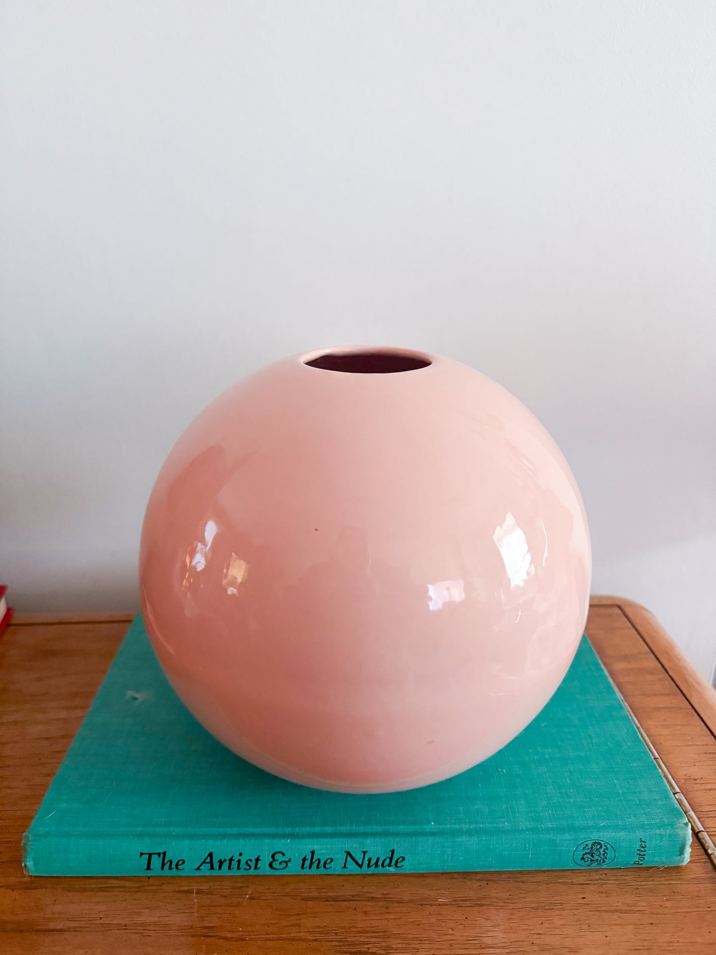 Large Vintage 1980s Bubblegum Pink Postmodern Celadon Sphere Vase by Haege