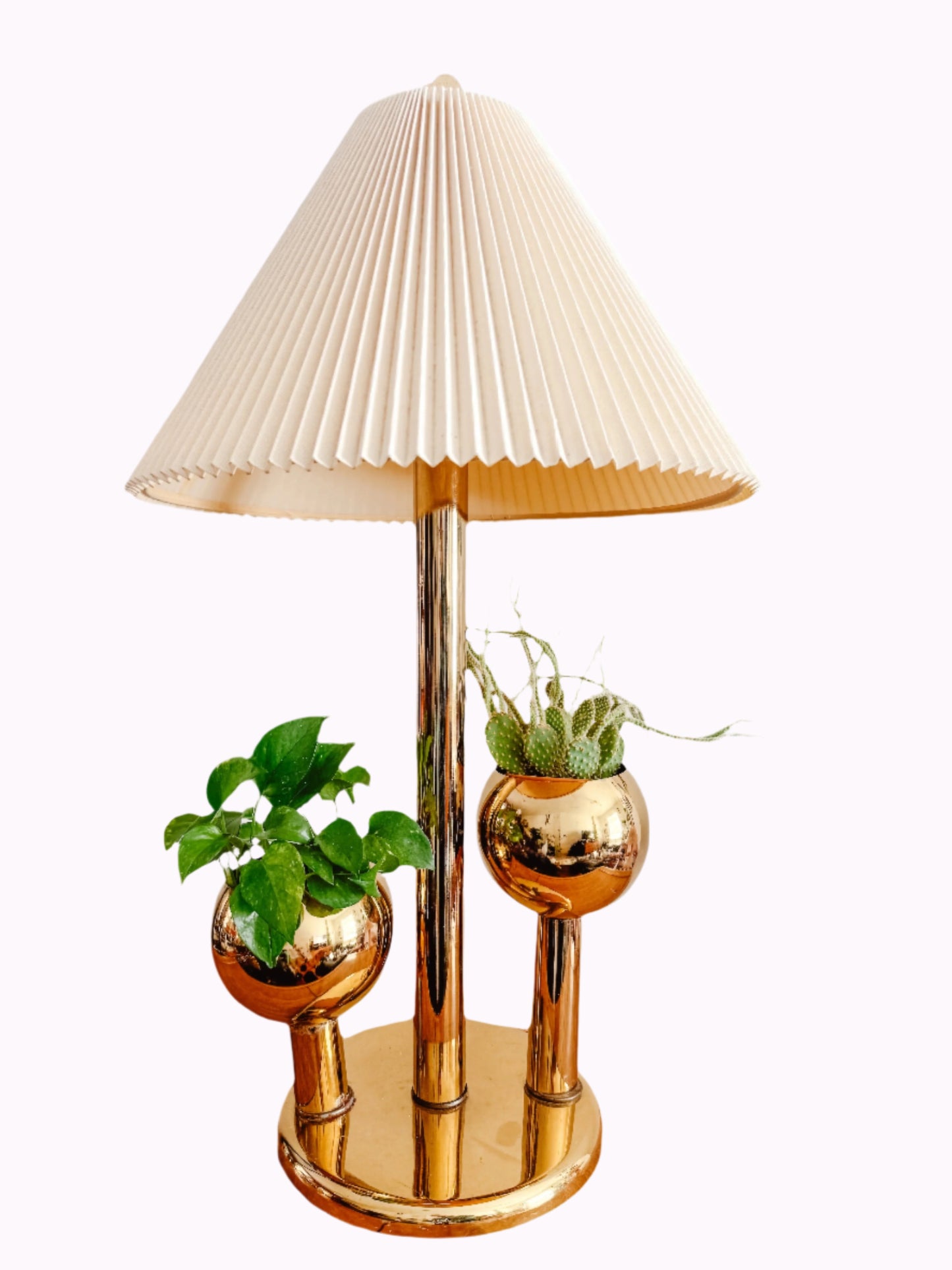 1970s Brass Planter Table Lamp with Dual Globe Planters and Pleated Shade