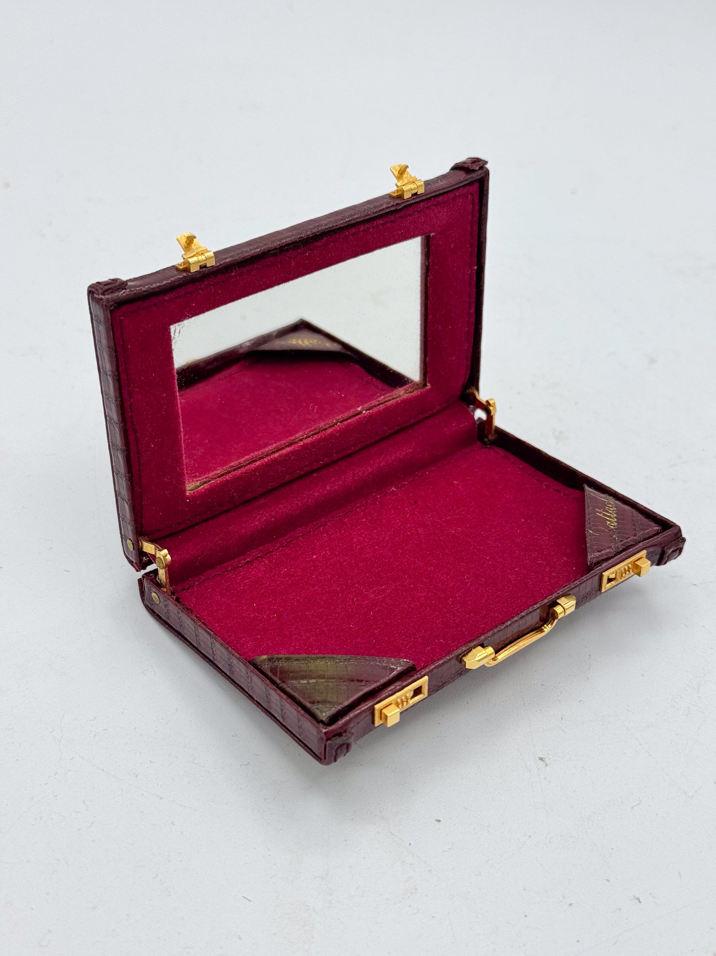 Mini Briefcase Business Card Holder Burgundy Faux-Croc — NOS with Mirror 1990s