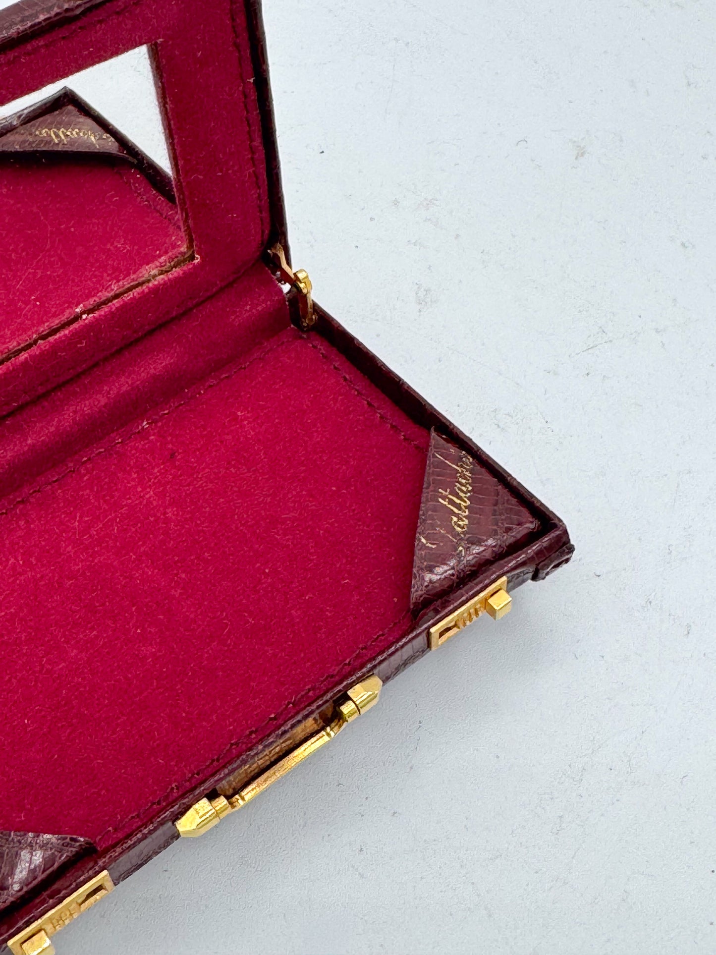 Mini Briefcase Business Card Holder Burgundy Faux-Croc — NOS with Mirror 1990s