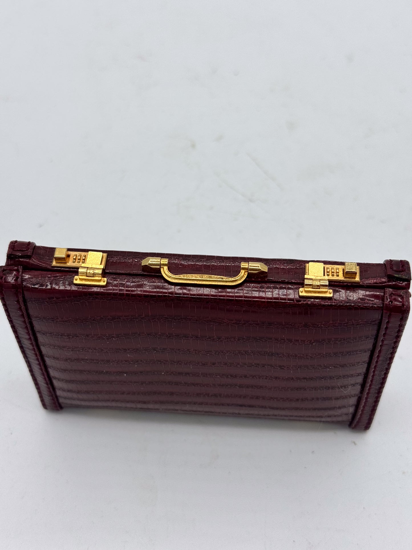 Mini Briefcase Business Card Holder Burgundy Faux-Croc — NOS with Mirror 1990s