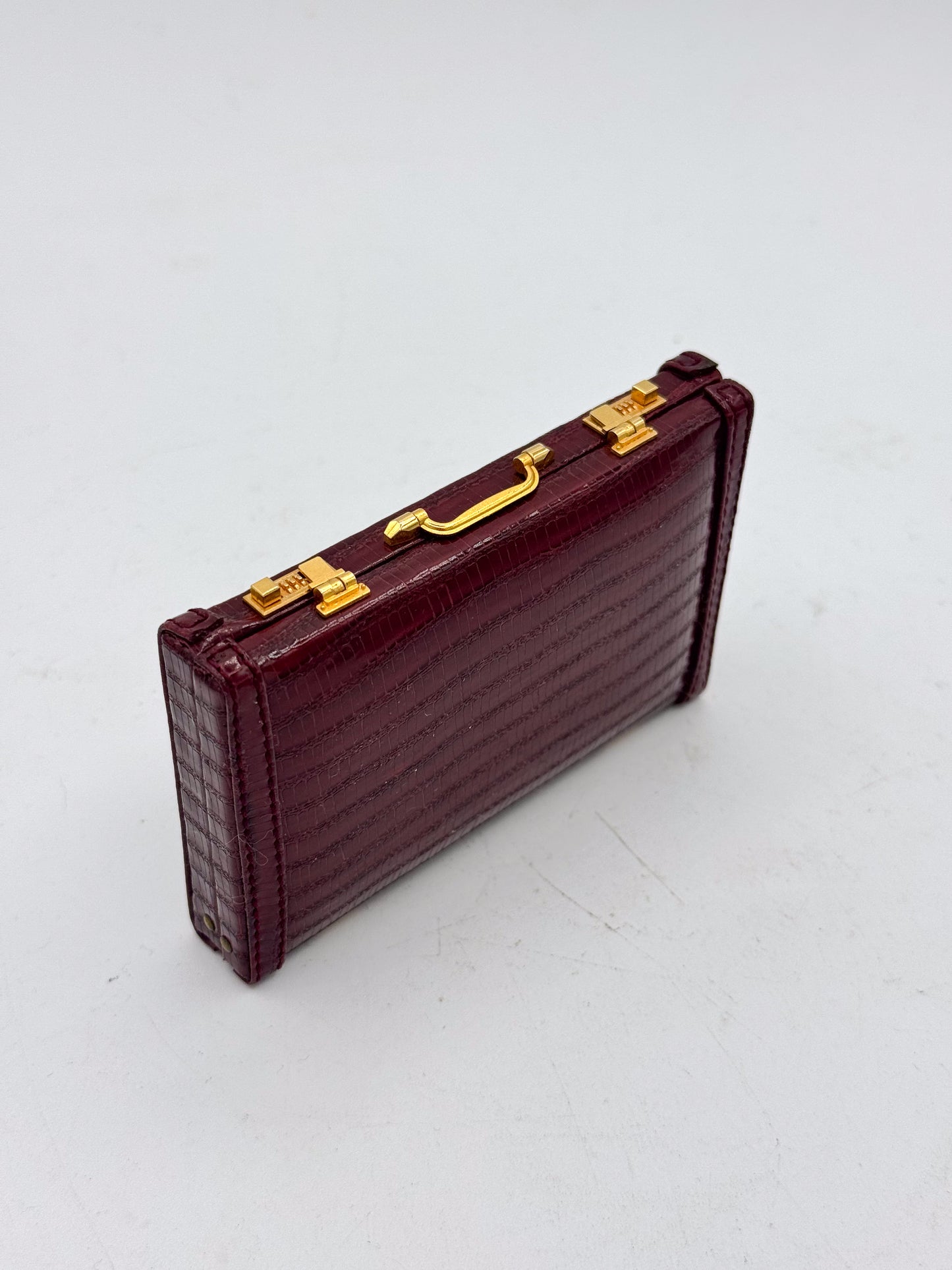 Mini Briefcase Business Card Holder Burgundy Faux-Croc — NOS with Mirror 1990s