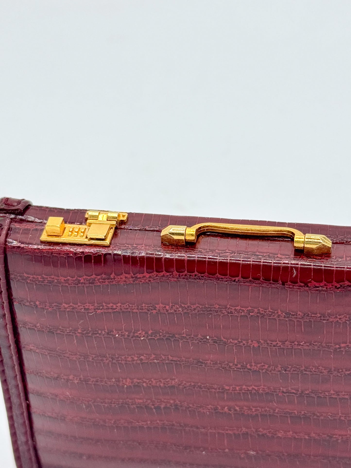 Mini Briefcase Business Card Holder Burgundy Faux-Croc — NOS with Mirror 1990s