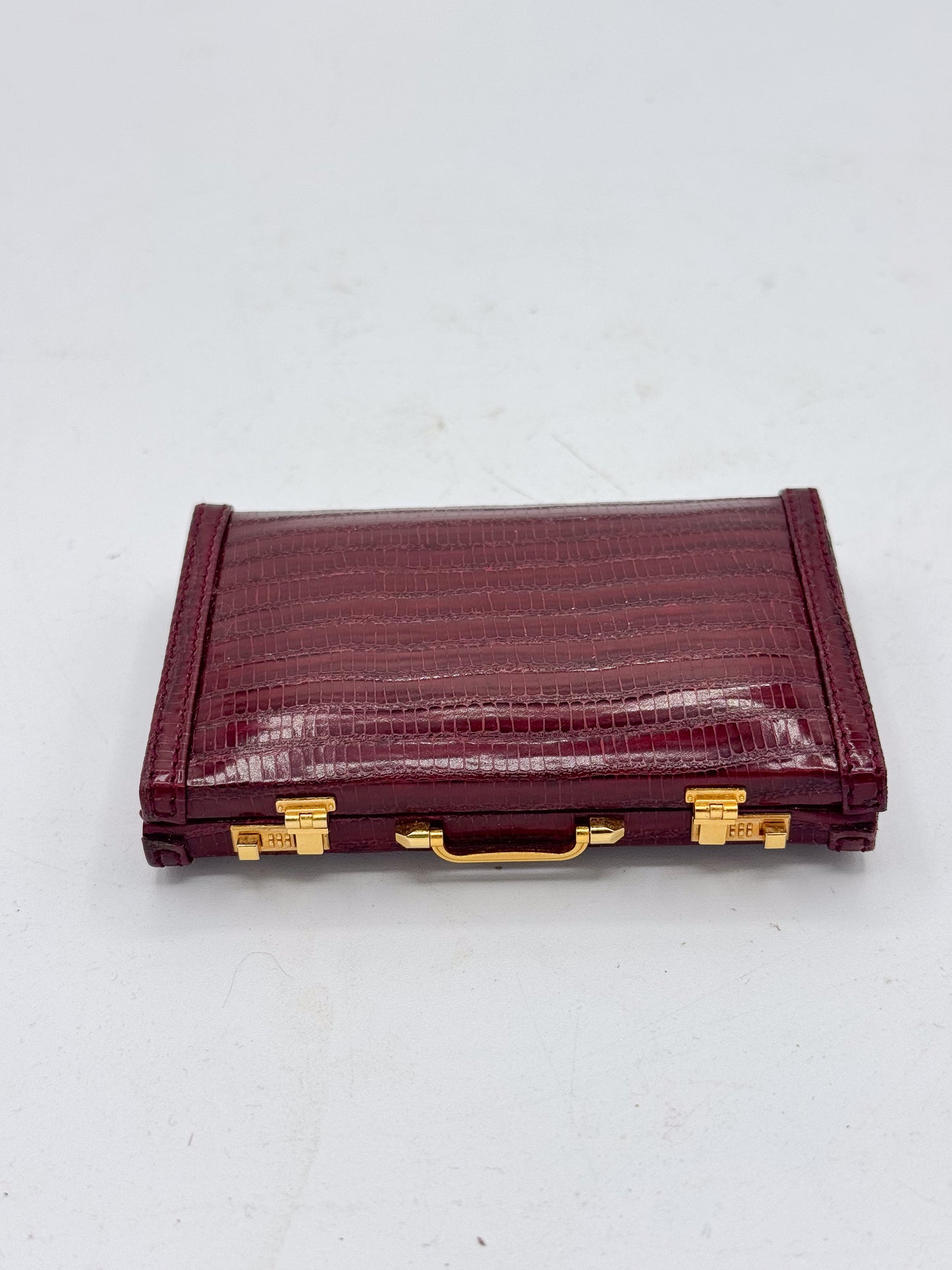 Mini Briefcase Business Card Holder Burgundy Faux-Croc — NOS with Mirror 1990s