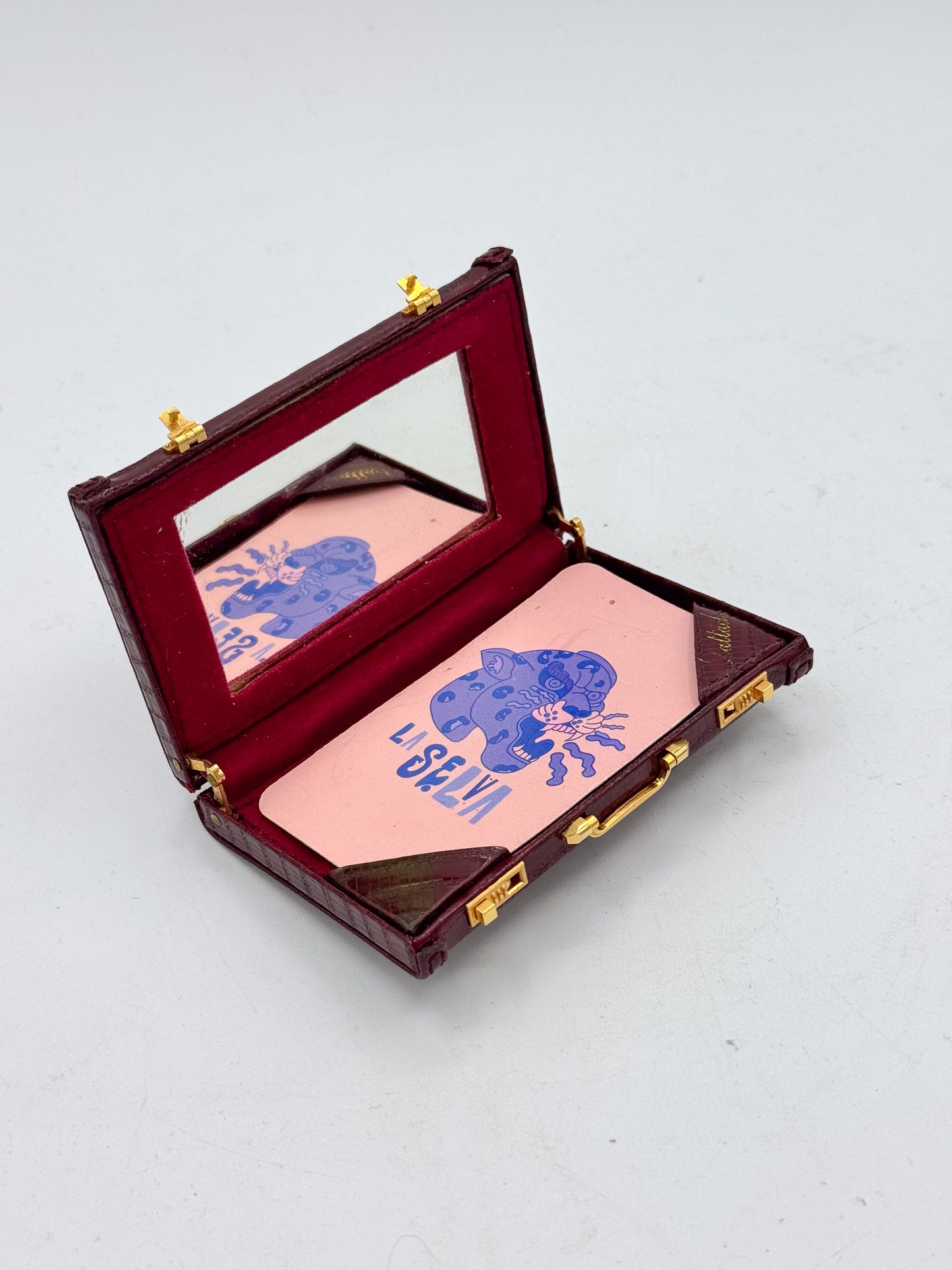 Mini Briefcase Business Card Holder Burgundy Faux-Croc — NOS with Mirror 1990s